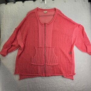 POL Womens Medium Coral Pink Open Weave Zip Up Cardigan Sweater Oversized Preppy